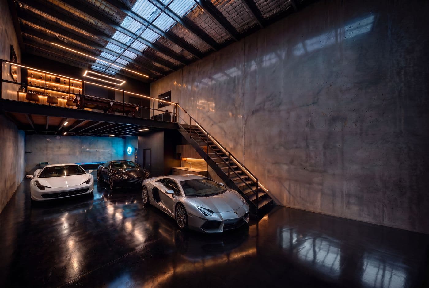 Warehouse fitted out as a private garage with cars and a mezzanine lounge