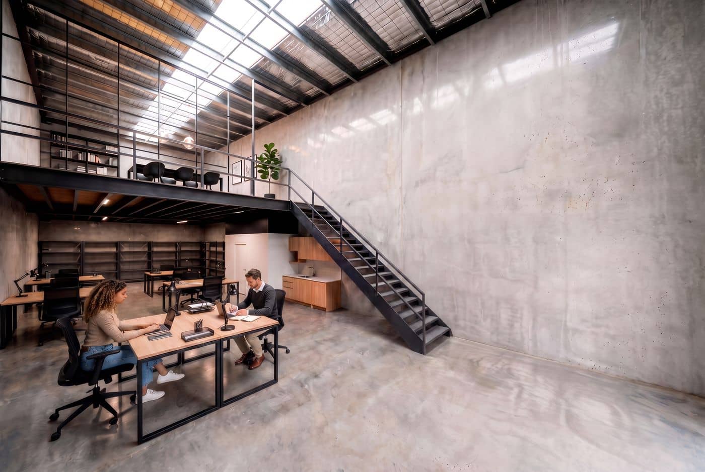 Mezzanine fitted out as an office with desks overlooking the warehouse floor